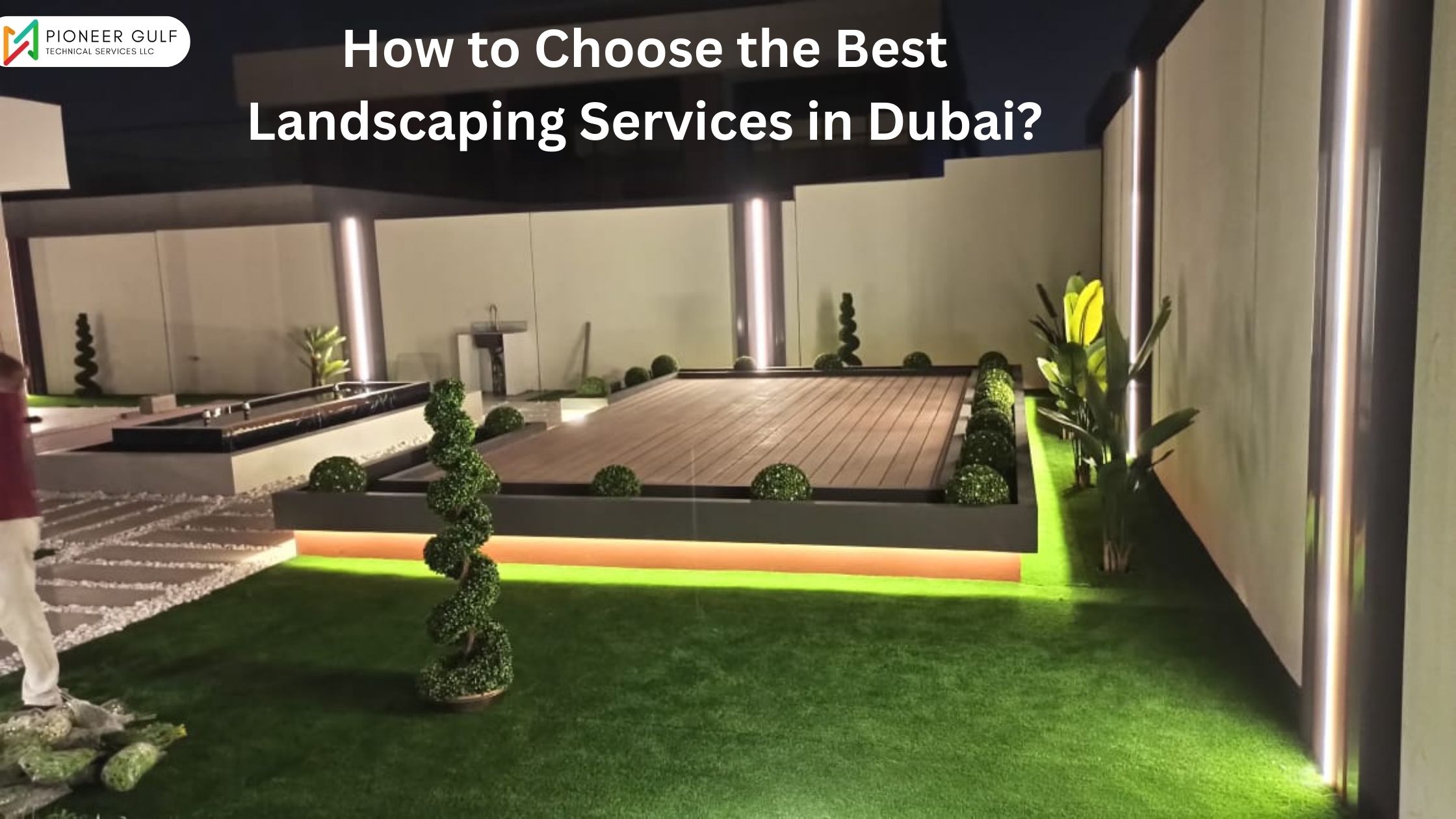 Modern landscape design with lush greenery and elegant lighting by Pioneer-Gulf Technical Services LLC in Dubai
