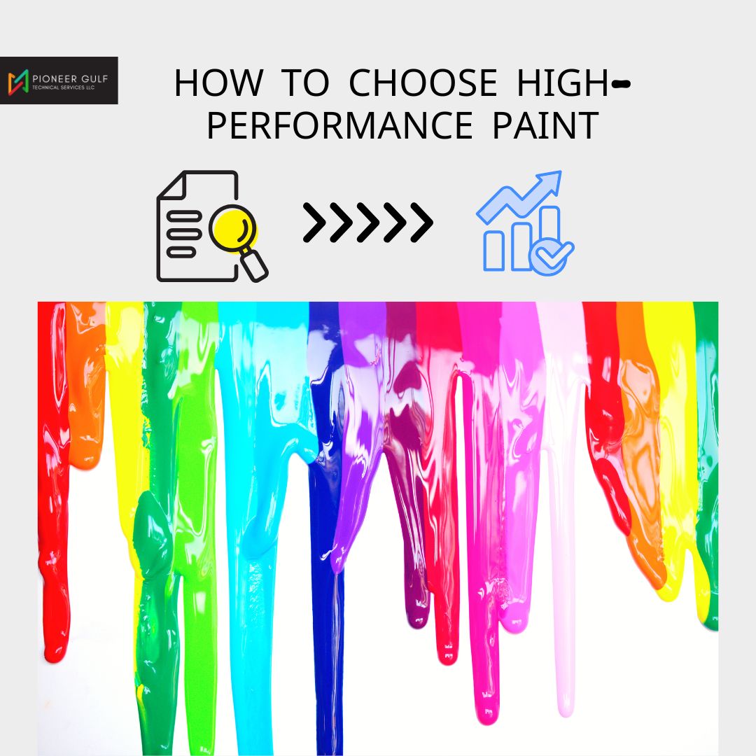 How to choose high-performance paint for your home by Pioneer-Gulf Technical Services LLC. Colorful paint drips, checklist, and growth icons.