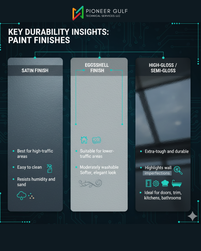 Pioneer-Gulf Technical Services LLC infographic detailing "Key Durability Insights: Paint Finishes," comparing Satin, Eggshell, and High-Gloss/Semi-Gloss features, durability, and ideal applications.