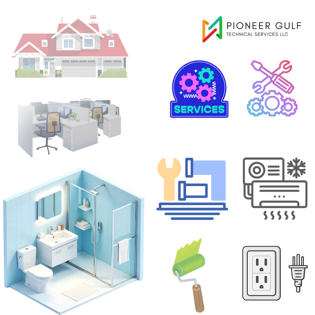 Image showcasing Pioneer-Gulf Technical Services LLC's services for residential homes, offices, and bathrooms, including icons for AC, plumbing, electrical, and maintenance.