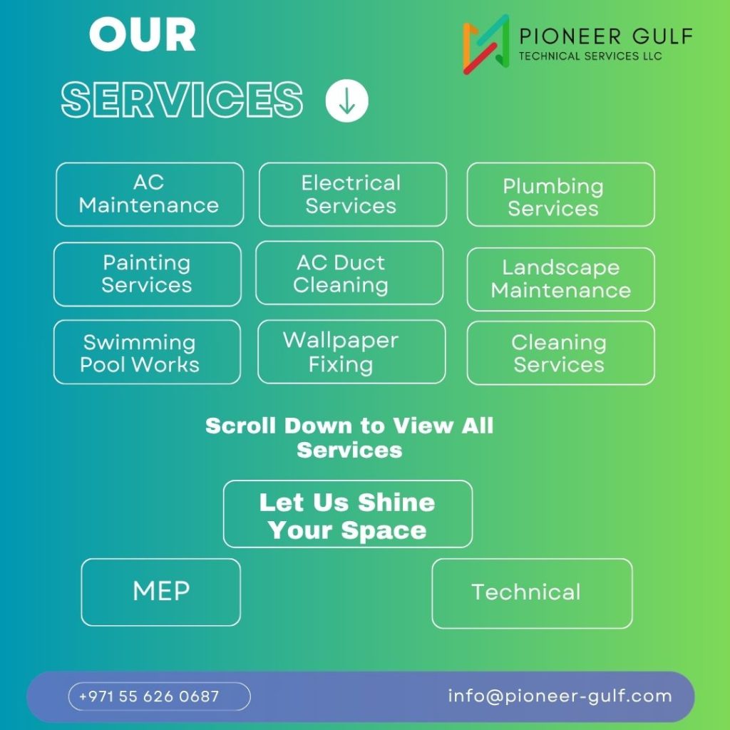 Services offered by Pioneer Gulf Technical Services LLC, some services name mentioned. CTA added to view all services. Company's Logo on right side