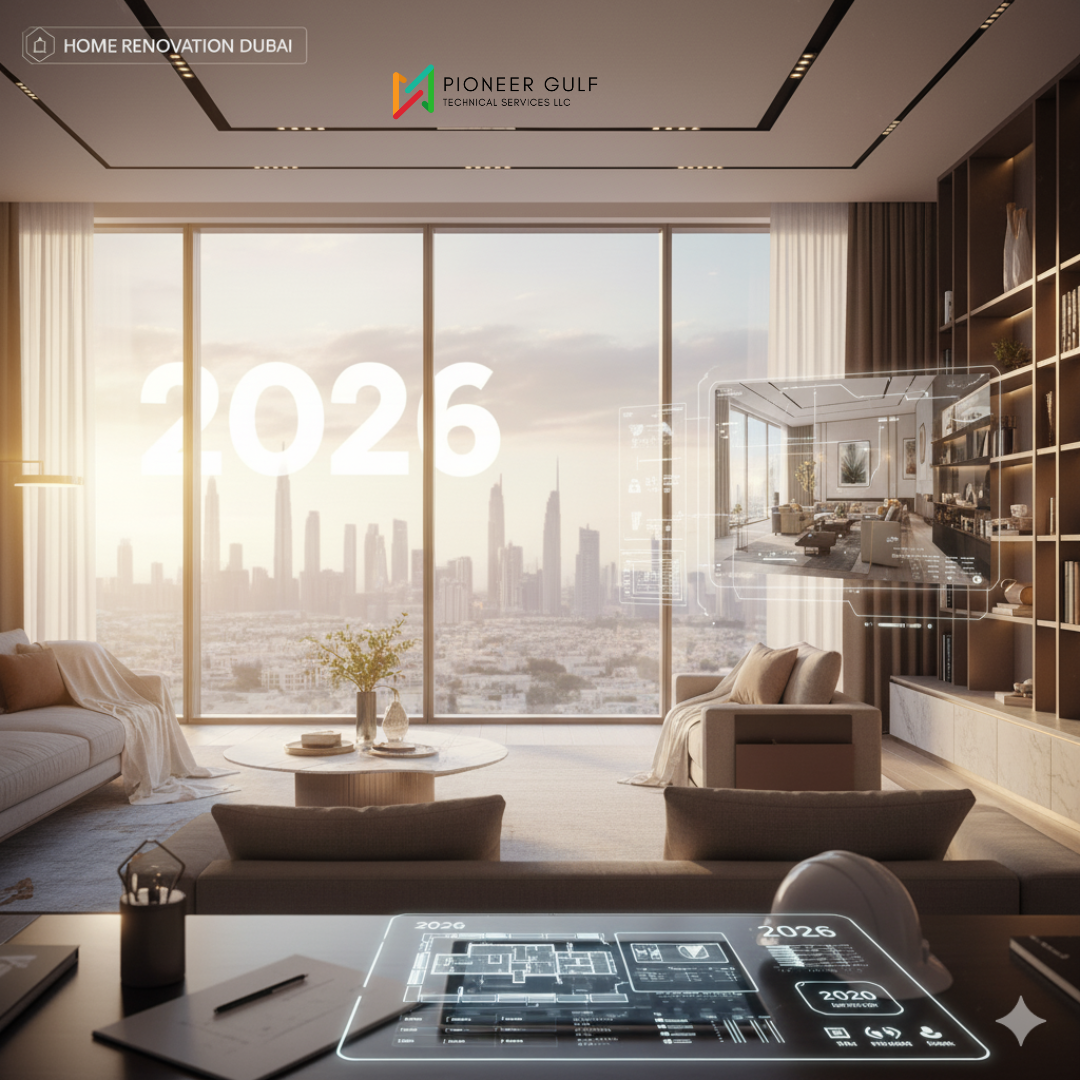Dubai home renovation planning guide 2026 by Pioneer-Gulf: modern luxury interior, city view, and architectural blueprints.