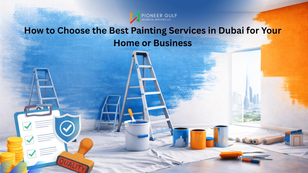 Professional painting tools and painted walls in Dubai project by Pioneer-Gulf.
