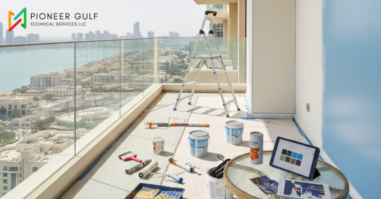 Professional balcony painting services in Dubai. Pioneer Gulf Technical Services logo attahed on top left. Paint cans, rollers, and a step ladder overlooking the city skyline.