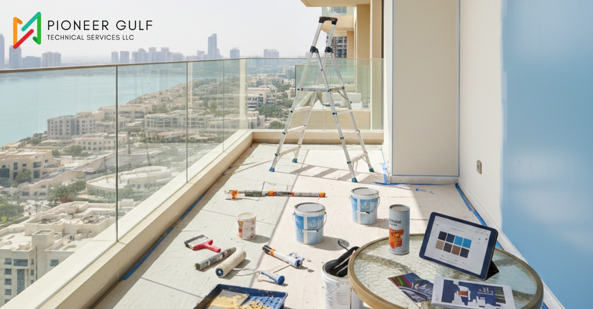 Professional balcony painting services in Dubai. Pioneer Gulf Technical Services logo attahed on top left. Paint cans, rollers, and a step ladder overlooking the city skyline.