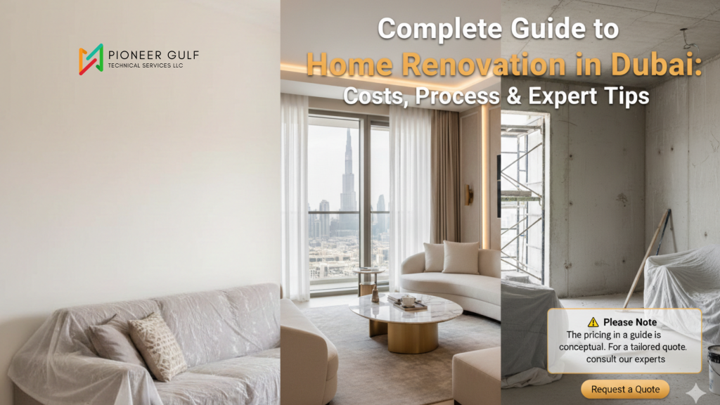Before and after comparison of a luxury home renovation in Dubai featuring a modern living room with a Burj Khalifa view and a construction site.