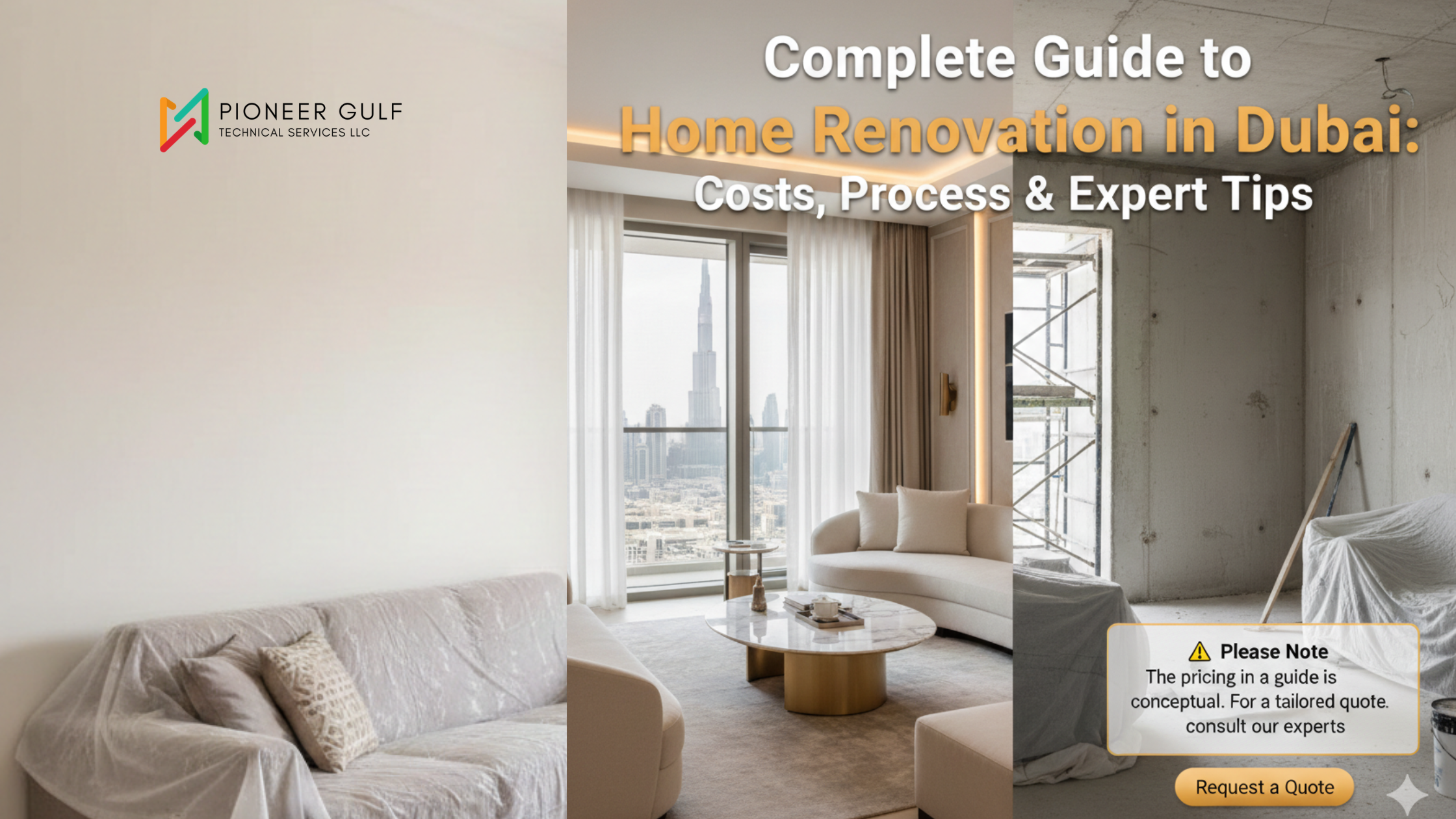 Before and after comparison of a luxury home renovation in Dubai featuring a modern living room with a Burj Khalifa view and a construction site.