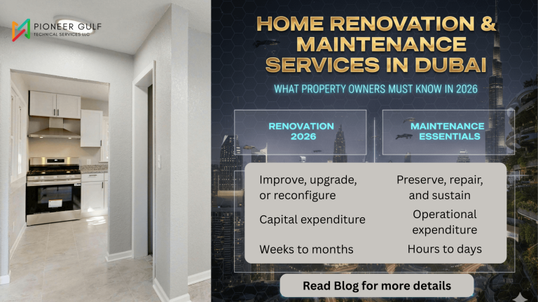 Comparison infographic of home renovation and maintenance services in Dubai featuring a modern kitchen interior and the Dubai skyline at night with service details for property owners.