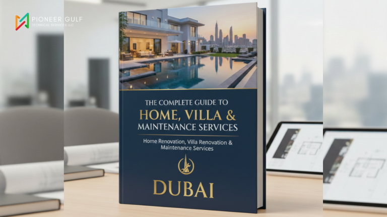 A professional book cover titled "The Complete Guide to Home, Villa & Maintenance Services" featuring a luxury Dubai villa with a pool and the city skyline, representing premium renovation and MEP services.