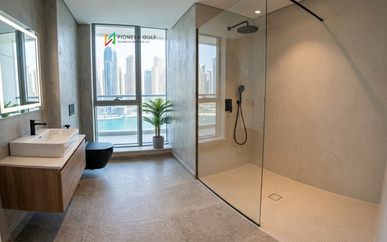 Modern bathroom interior in Dubai featuring a walk-in rainfall shower, anti-slip porcelain tiles, and a floating vanity with a view of Dubai Marina skyline. Image by Pioneer Gulf Technical Services LLC showcasing professional waterproofing and contemporary fixtures.