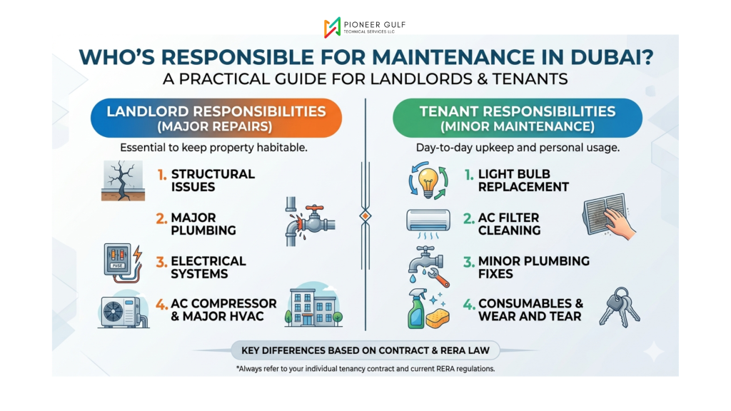 An informative infographic by Pioneer-Gulf comparing landlord and tenant maintenance responsibilities in Dubai. The left side lists major repairs like structural issues and AC compressors for landlords, while the right side lists minor tasks like light bulb replacement and AC filter cleaning for tenants.