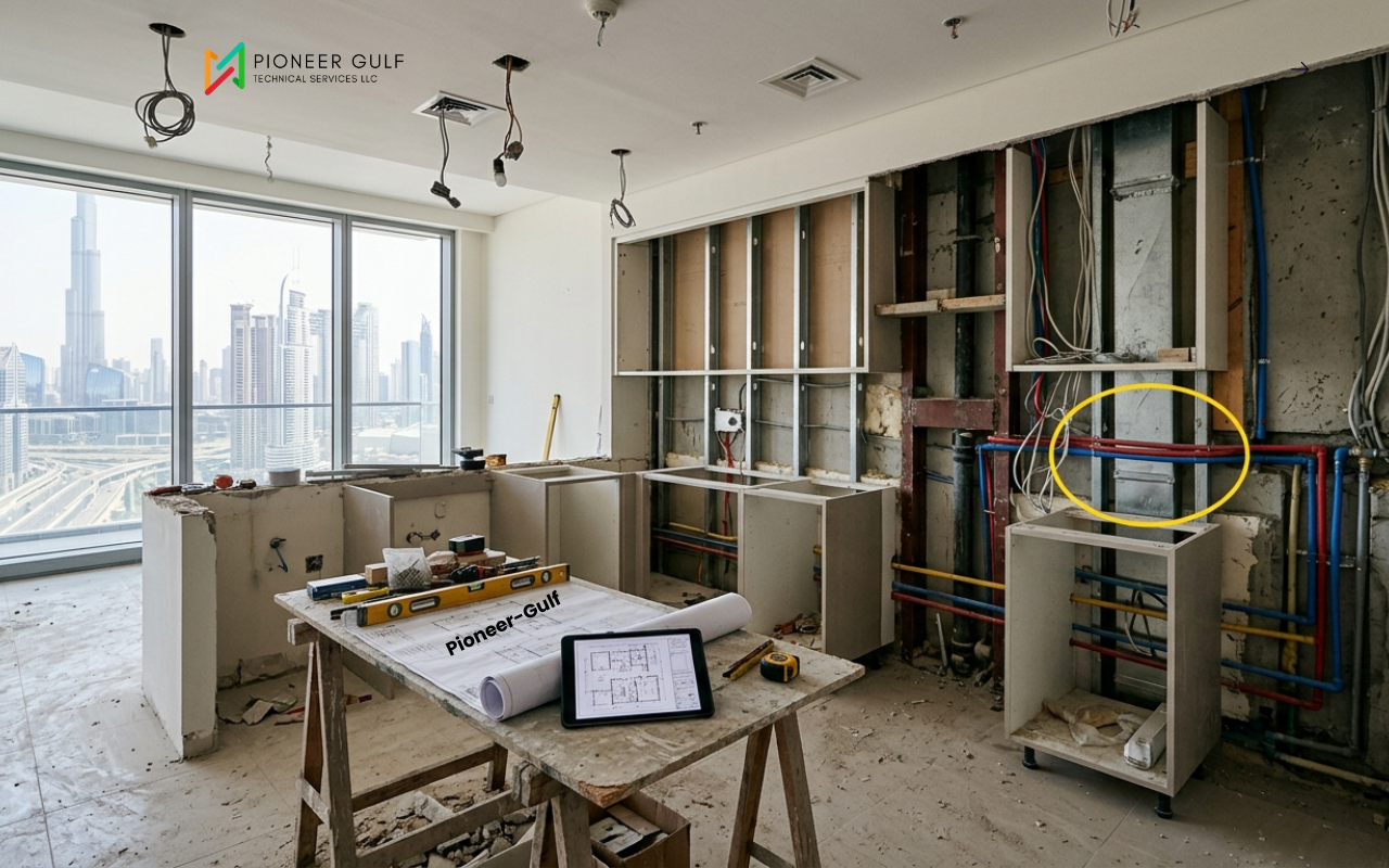 A high-rise apartment kitchen renovation in Dubai, image by Pioneer-Gulf Technical Services. The image shows a construction site with exposed plumbing (PPR piping), electrical wiring, and cabinetry framing against a backdrop of the Dubai skyline including the Burj Khalifa. A yellow circle highlights critical MEP (Mechanical, Electrical, and Plumbing) installations on a concrete wall.