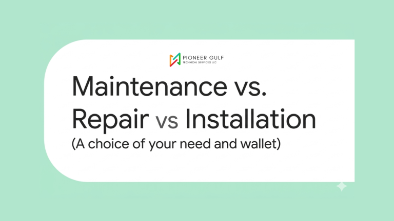 A professional graphic with a light green and white color theme comparing Maintenance, Repair, and Installation services for home and industrial needs.