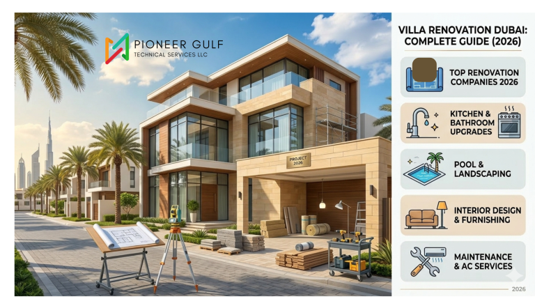 A panoramic photograph in Pioneer-Gulf's Guide. a modern luxury Dubai villa undergoing a comprehensive renovation The scene includes architectural blueprints on a drafting table, surveying equipment, building materials, and scaffolding.