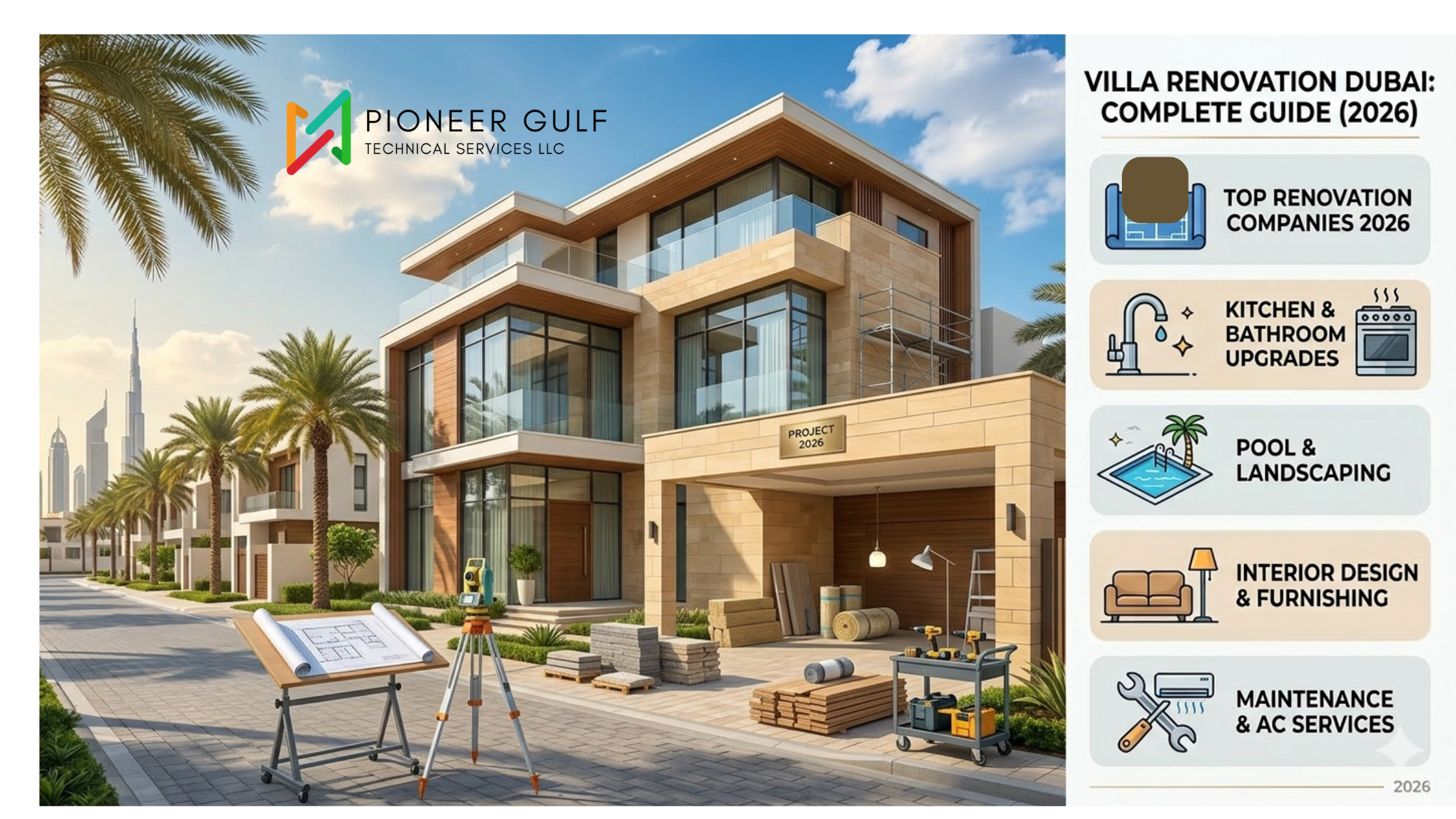 A panoramic photograph in Pioneer-Gulf's Guide. a modern luxury Dubai villa undergoing a comprehensive renovation The scene includes architectural blueprints on a drafting table, surveying equipment, building materials, and scaffolding.