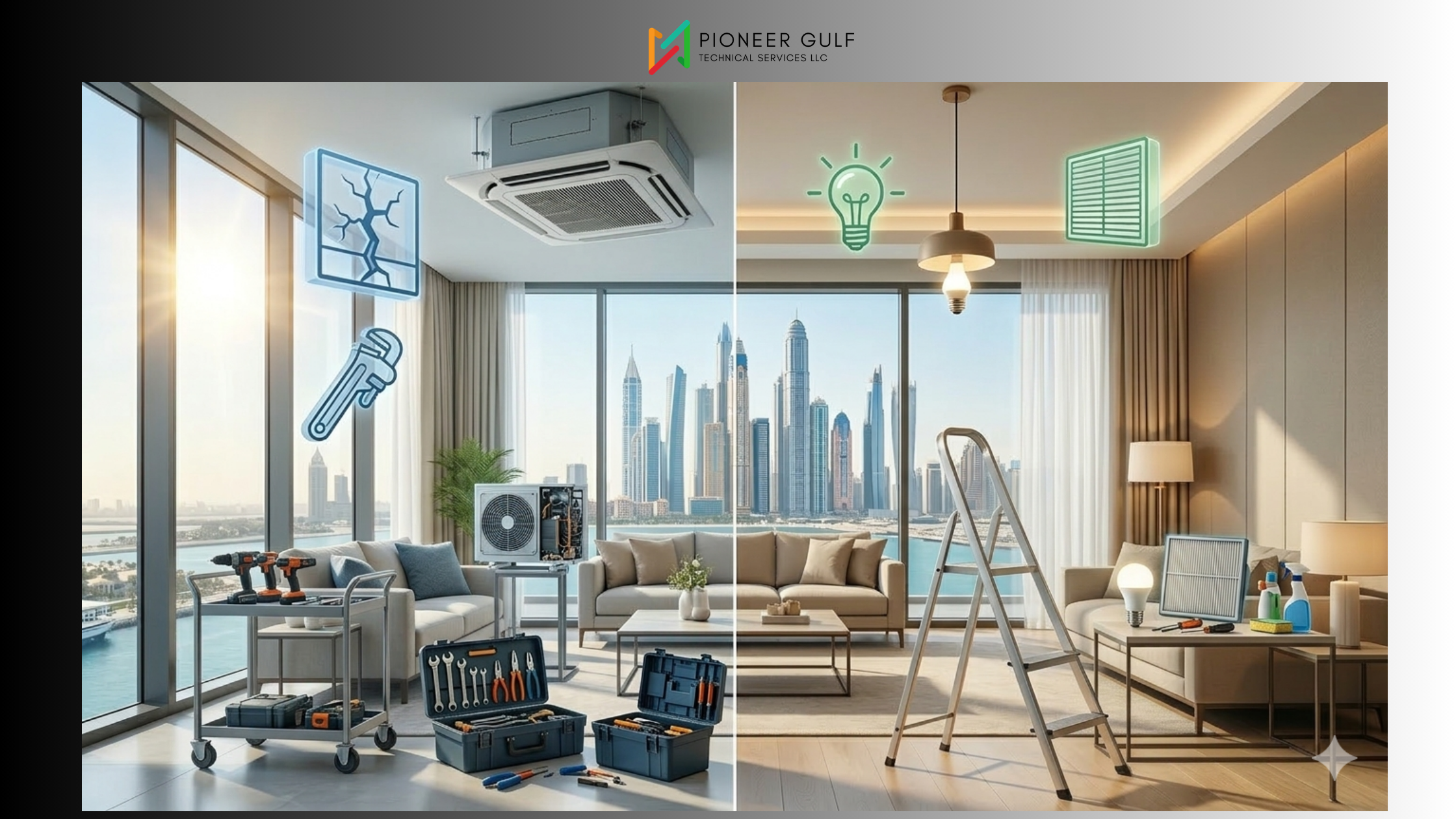 A split-screen conceptual photo by pioneer-gulf of a luxury Dubai apartment interior without people. The left side shows heavy-duty tools and AC components representing landlord responsibilities. The right side shows a stepladder and lightbulbs representing tenant tasks. The Dubai Marina skyline is visible through large windows.