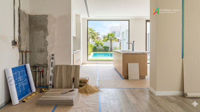 A detailed image by Pioneer-Gulf. An inside look at a complete home renovation in a Dubai villa, showing rough construction (electrical and plumbing) on an unfinished wall next to a detailed blue architectural plan, transitioning into a finished luxury kitchen island and a pool view.