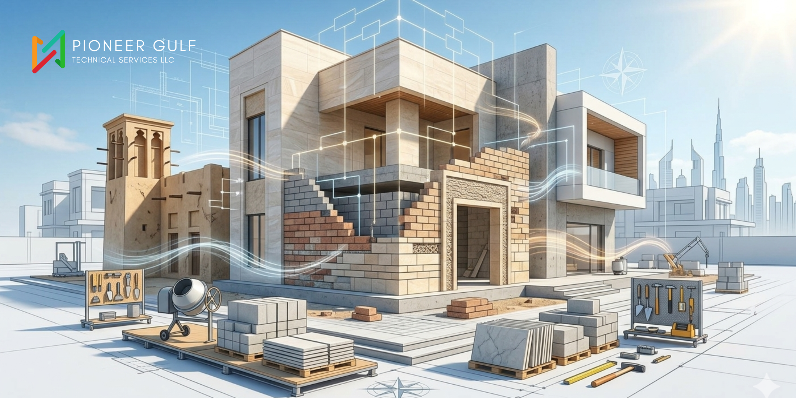 Modern villa under renovation in Dubai showing structural masonry integration and professional stonework image by Pioneer-Gulf