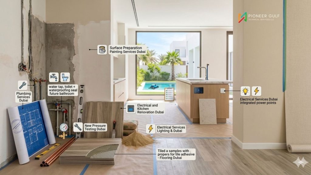 An infographic by Pioneer Gulf showing a Dubai villa renovation project with technical labels for painting surface preparation, plumbing pressure testing, electrical smart home integration, and professional flooring substrate layers.