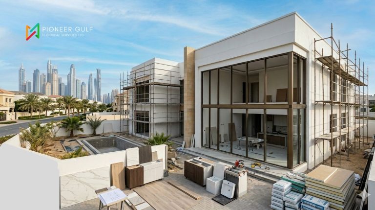 Modern luxury villa under extensive renovation in Dubai with marina skyline.