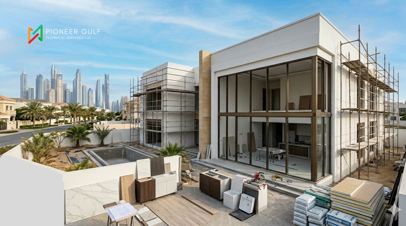 Modern luxury villa under extensive renovation in Dubai with marina skyline.