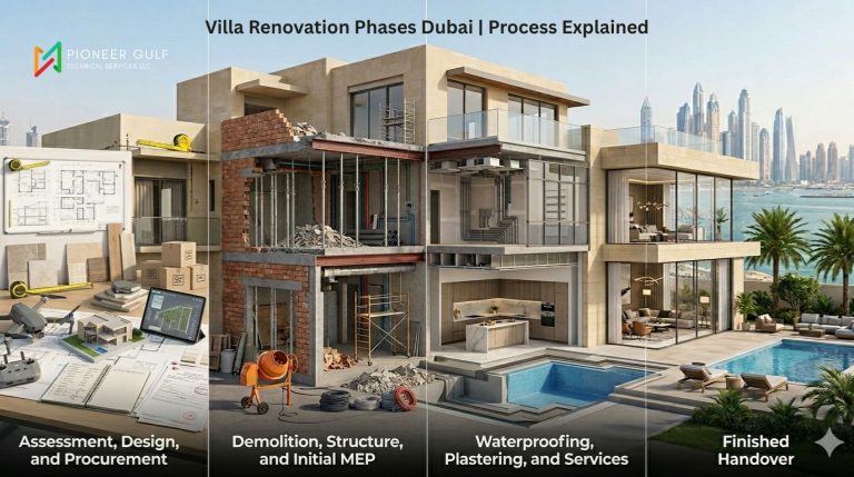 villa renovation phases in Dubai shown side by side, from blueprint planning to a finished luxury home handover.