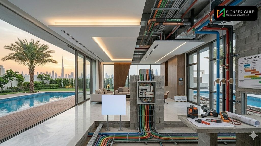 Modern Dubai villa renovation showing exposed MEP works, electrical systems, HVAC piping, and luxury interior finishing with pool view.