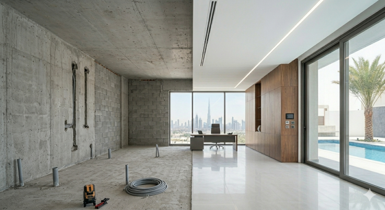 A side-by-side comparison illustrating a successful office and villa renovation in Sharjah, contrasting a simplified "before" state of raw concrete with critical plumbing stubs, against a completed, functional luxury office and villa interior with perfectly integrated MEP.