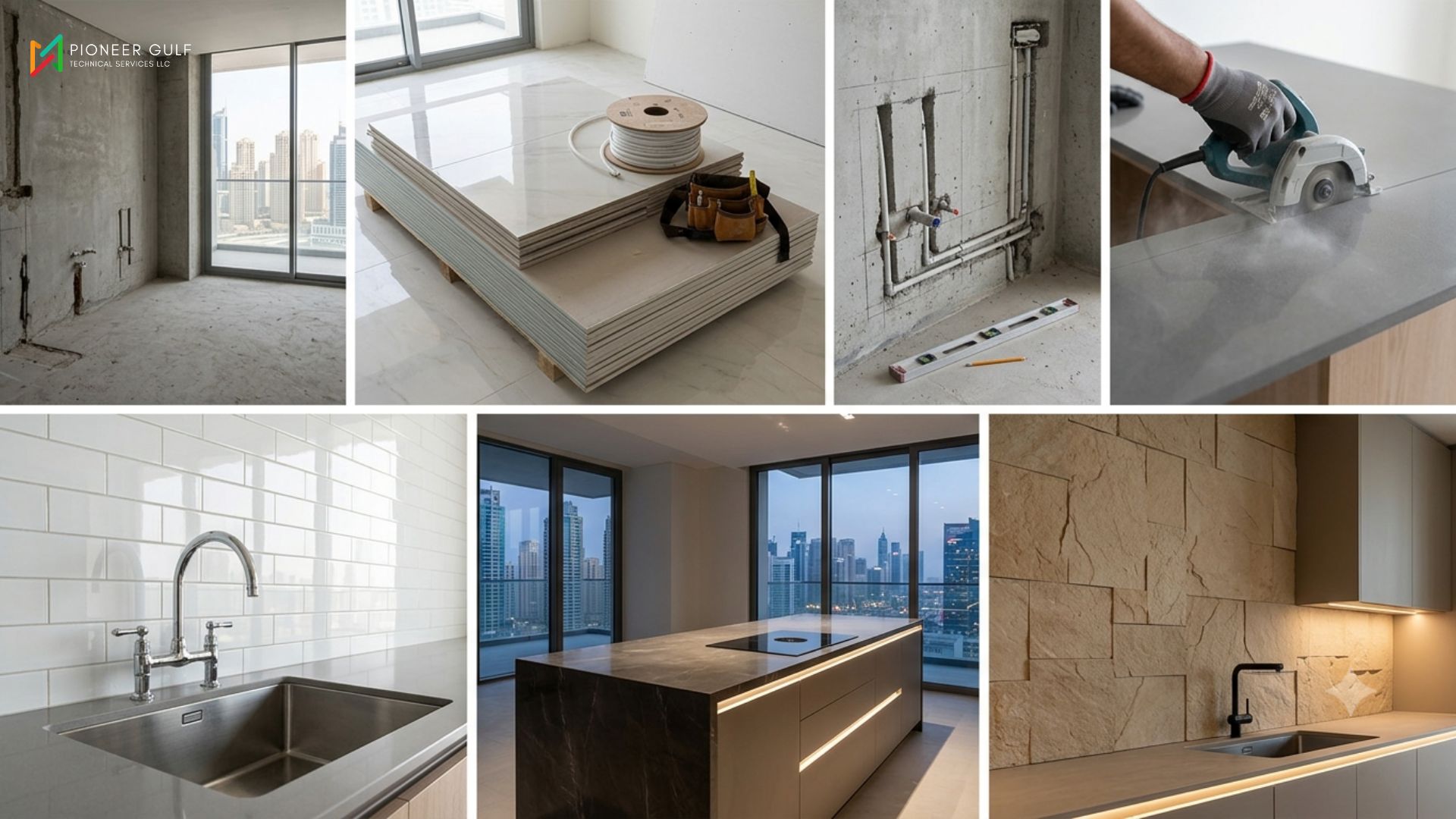 Modern kitchen renovation progress in a Dubai high-rise, showing construction stages, tile work, and finished sleek design.