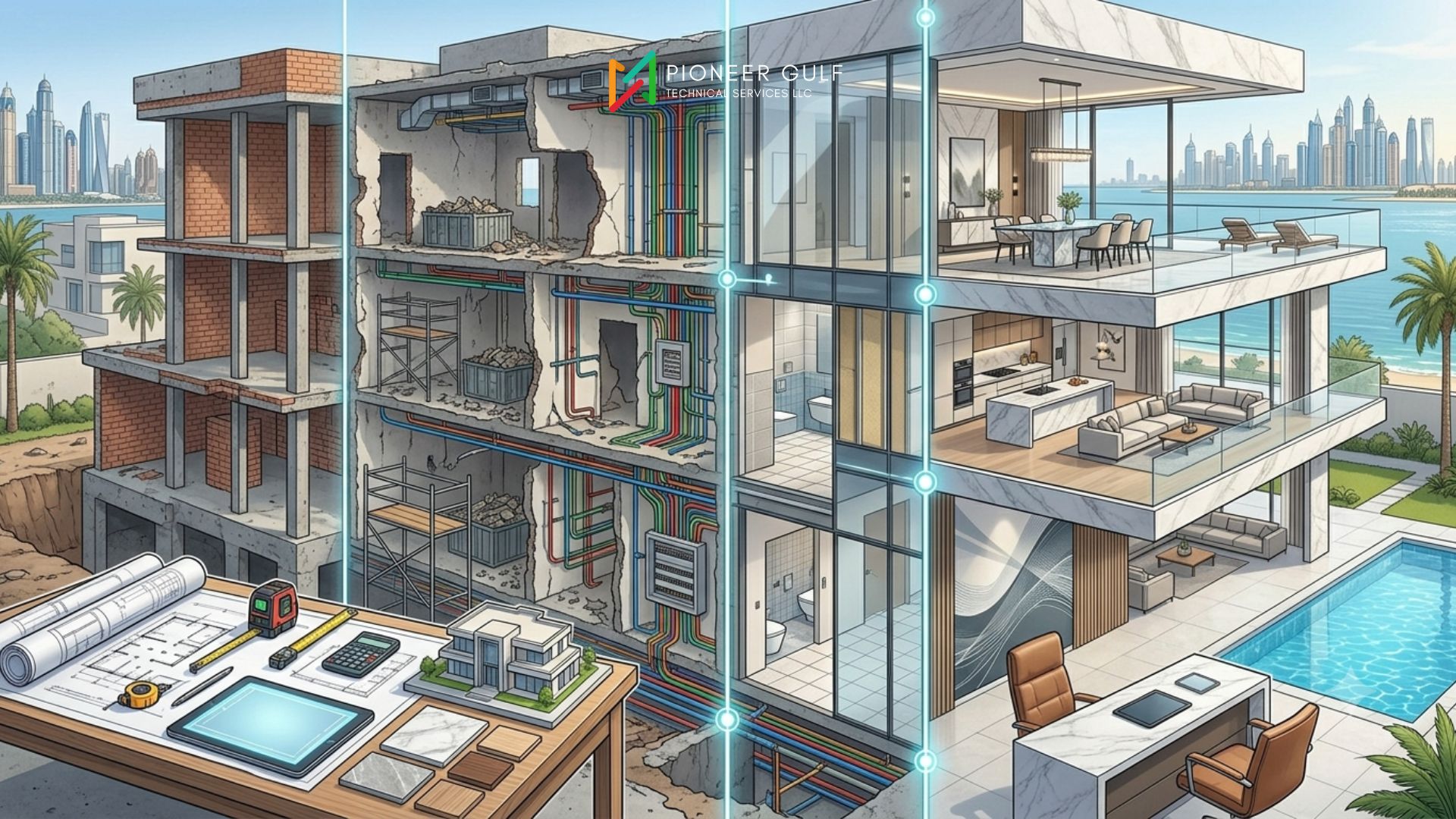 A composite, sequential architectural rendering illustrating the multi-stage lifecycle of a modern luxury villa renovation in Dubai. The progression from left to right depicts four distinct phases separated by glowing lines: planning with architectural blueprints and a site model; raw structural and mechanical work with exposed concrete and color-coded pipes; interior fitting and finsh-outs; and a finished high-end turnkey home with contemporary furniture, a pool, and a view of the Dubai Marina skyline.