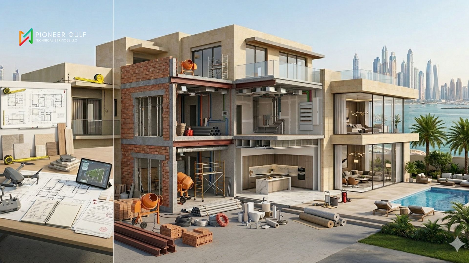 A sequential cross-section view of an apartment and villa refurbishment process in Dubai, showing stages from blueprint design to finished luxury interior handover.