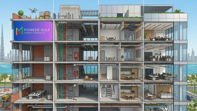 Office renovation phases in Dubai, showing structural, MEP systems, interior fitting, and the completed corporate workspace.